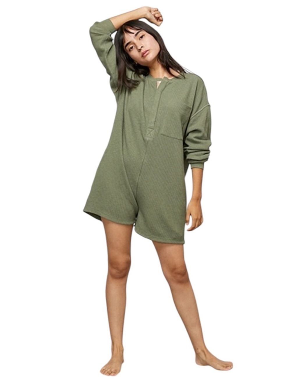 Lunya Humble Green Waffle Thermal Long Sleeve Sleep Lounge Romper Large NWOT